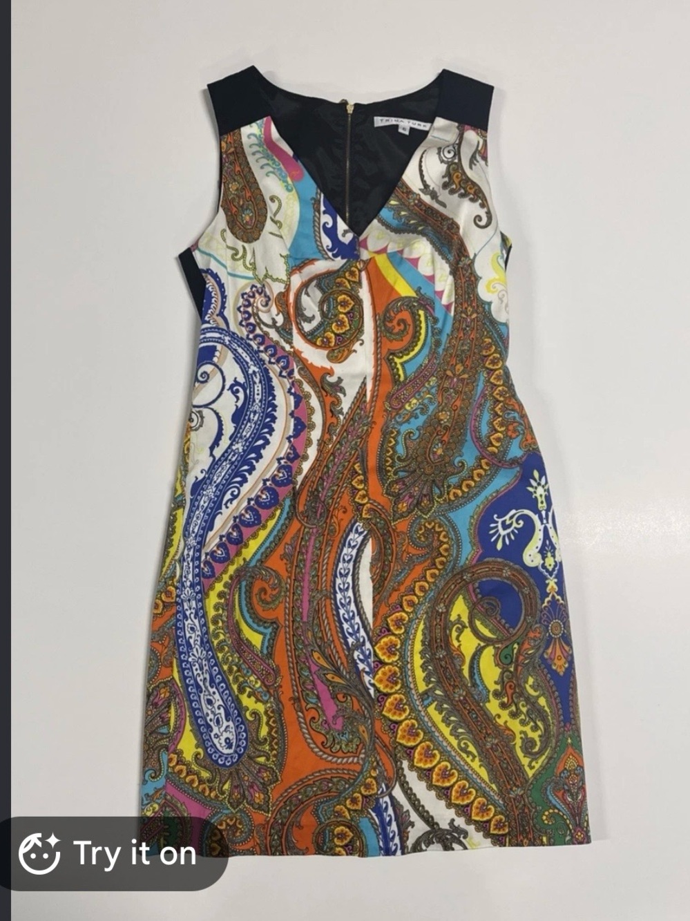 Trina Turk Orange, Blue and Yellow Paisley Sheath Dress